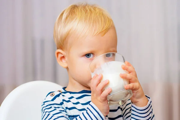 Bebek beslenmesi. Sağlıklı beslen. Yeni yürümeye başlayan çocuk atıştırıyor. Sağlıklı beslenme. Süt iç. Çocuk elinde bir bardak süt tutuyor. Şirin çocuk yemek ve tabakla masada oturuyor. Sağlıklı yiyecekler. Tatlı çocuk kahvaltı yapıyor. — Stok fotoğraf