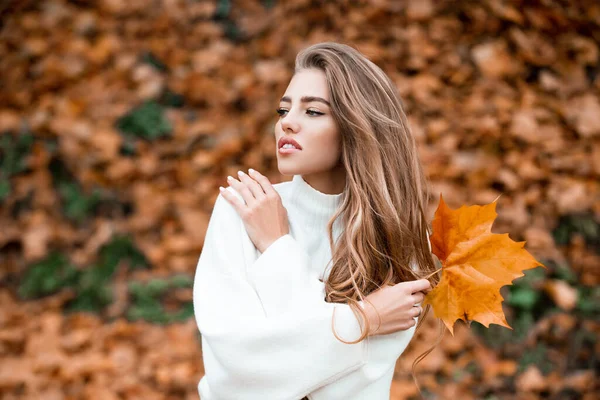 Portrait of sensual woman on fall autumn leaves. — Stock Photo, Image