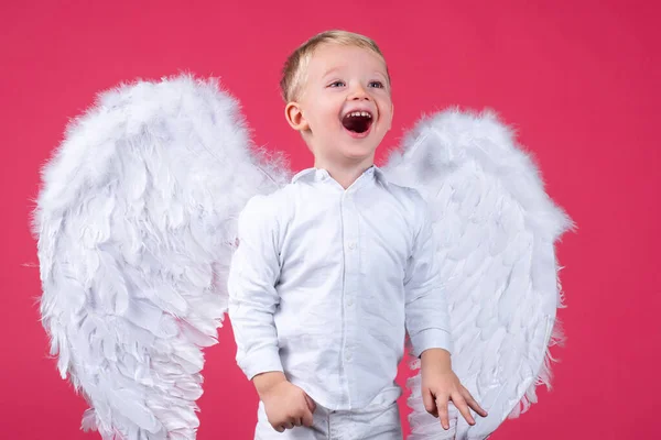 Retrato de feliz sorrindo pequeno menino anjo louro encaracolado. Criança angélica. Criança vestindo anjo vestido branco traje e asas de penas. Consept de criança inocente. — Fotografia de Stock