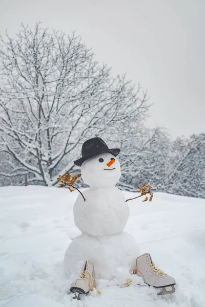 Fondo de Navidad con muñeco de nieve. Lindos muñecos de nieve de pie en invierno paisaje de Navidad. muñeco de nieve hecho a mano en la nieve al aire libre. — Foto de Stock