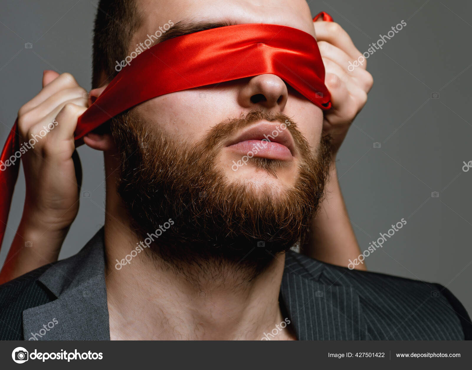 Blind Way of Life. Blindfolded Man with Tie on Eyes in White Shirt