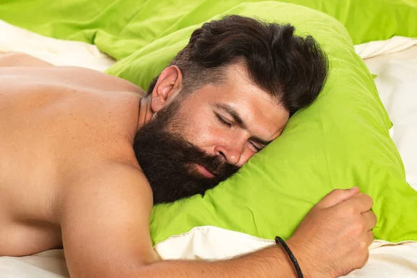 Man sleep on bed with very deep sleep. Young man sleeping on bed. Young man in bed - trying to sleep. — Stock Photo, Image