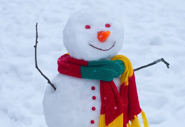 Fondo de invierno con copos de nieve y muñeco de nieve. Feliz Navidad y Feliz Año Nuevo. Fondo de Navidad con muñeco de nieve. — Foto de Stock