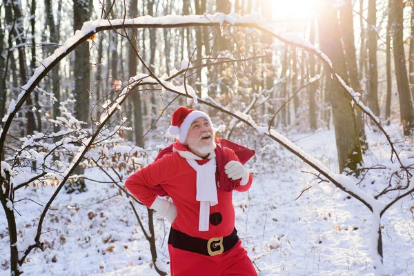 サンタクロースは冬の山の中を歩く。雪とクリスマスの時間. — ストック写真