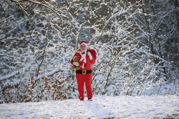 Άγιος Βασίλης με δώρο Χριστουγέννων με τα πόδια στο δάσος το χειμώνα με μια τσάντα των δώρων, τοπίο χιόνι. Ευτυχισμένο το νέο έτος. — Φωτογραφία Αρχείου