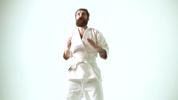 Crazy karate. Funny taekwondo man in kimono. Funny freak sport guy training. — Stock Video