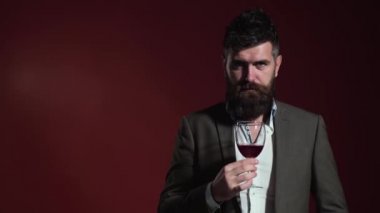 Şarabı olan yakışıklı bir adam. Sommelier İtalyan şarap fabrikasında şarap tadıyor. Zenginlik ve lüks içecekler.