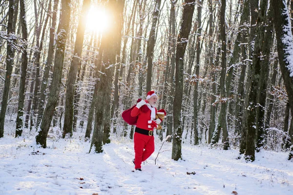 Рождество со снегом. Санта Клаус с огромным красным мешком. Концепция веселого Рождества и Нового Года. — стоковое фото