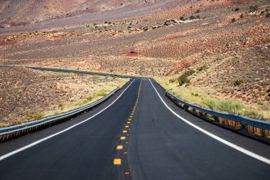 Ufukta asfalt yolu olan doğal Amerikan manzarası.