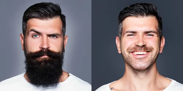 长胡子，留着胡子的男人或者理发店里英俊的嬉皮士。剃光了胡子还是没剃光的理发店之前和之后. — 图库照片