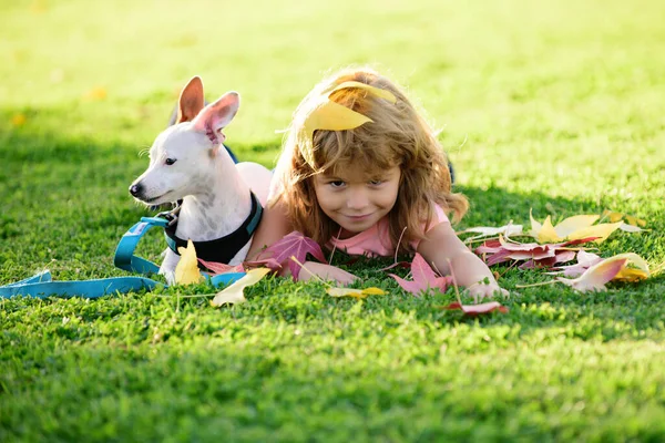 Young child and his dog lying on the grass. Happy boy kid and pet puppy on nature. Happiness support friendship summer animals. — Stock Photo, Image