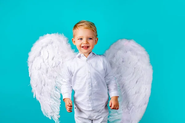 Menino anjo. Menino bonito com asas de anjo de penas brancas no fundo azul. Dia dos Namorados criança cupido. — Fotografia de Stock