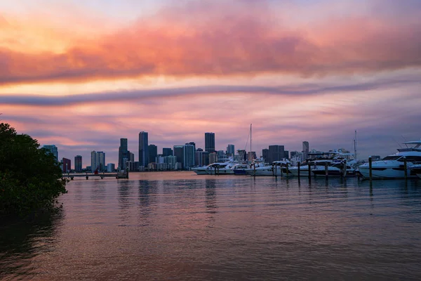 Stadtpanorama von Miami mit urbanen Wolkenkratzern über dem Meer mit Spiegelung. Miami. — Stockfoto