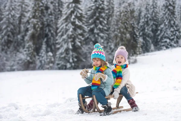 Les enfants montent sur un traîneau rétro en bois un jour d'hiver. Jeux actifs d'hiver en plein air. Joyeux Noël vacances. — Photo