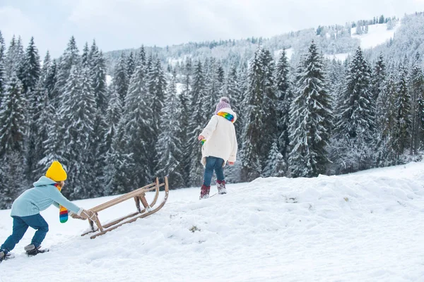 雪の中でそりに滑り込む冬の子供たち. — ストック写真