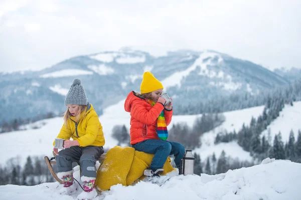 冬の子供旅行者は雪の山の景色を眺めながらコーヒータイムを楽しむ。雪の中の子供たちはお茶. — ストック写真