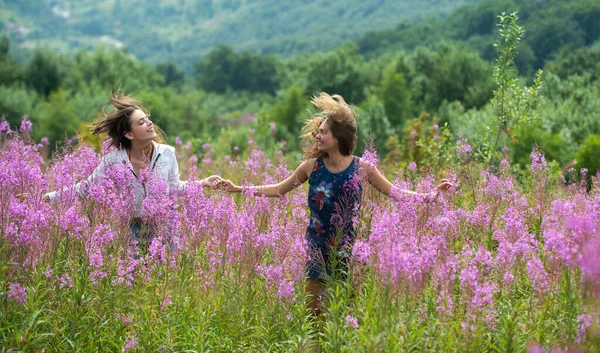 Dos amigas. Despreocupado chica lesbiana soleado parque naturaleza paisaje fondo. — Foto de Stock