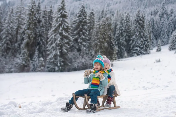 Happy children in snow. Two kids ride on a wooden retro sled on a winter day. Active winter outdoors games. Happy Christmas vacation concept. — Stock Photo, Image