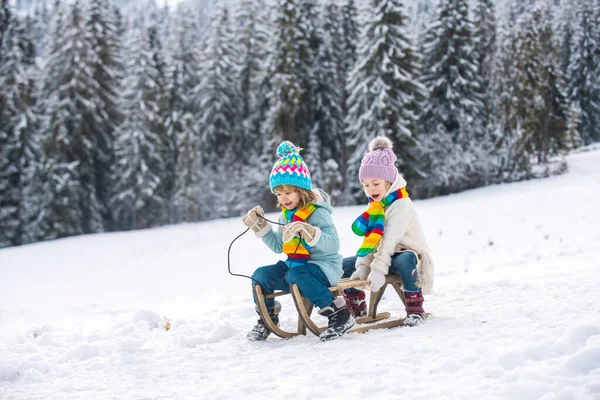 Children on a wooden sled on a winter day. Active winter kids outdoors games. — Stock Photo, Image