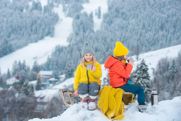 Zimní děti s šálkem čaje a teplou kostkovanou pokrývkou v Rakousku. — Stock fotografie