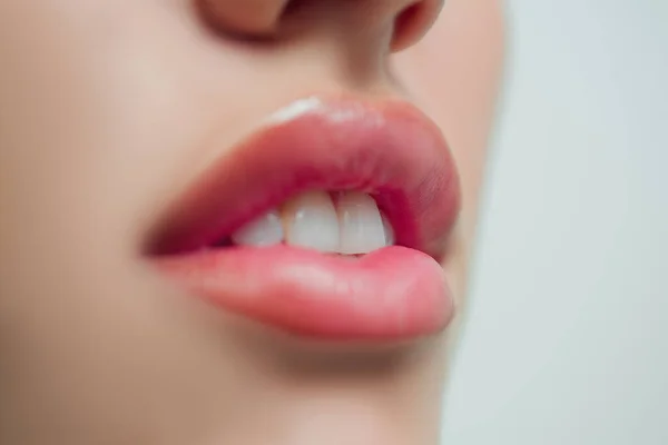Lip and perfect white teeth closeup. Stomatology, orthodontics and dentistry. — Stock Photo, Image