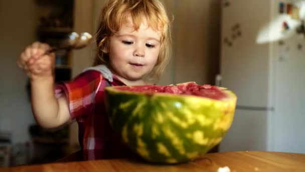 Frutas de verão. O miúdo come melancia. Conceito de comida saudável, frutas da estação, festa de verão, lanches. — Vídeo de Stock