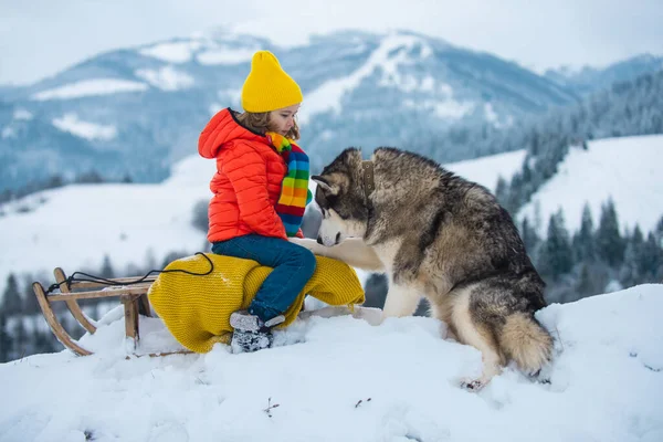 Husky hond met jongen in het besneeuwde winterlandschap. Winter voor kind. Thema Kerstvakantie Nieuwjaar. — Stockfoto