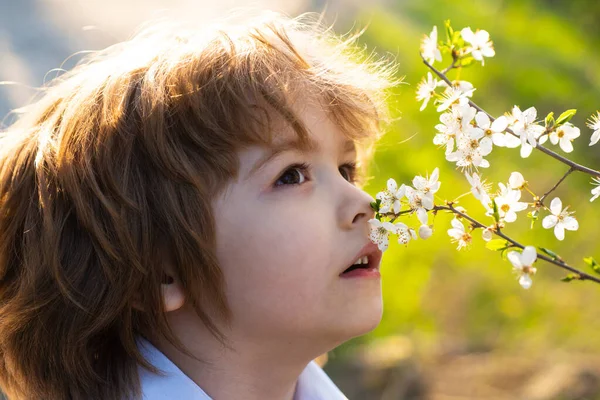 Feliz infância. O miúdo da Primavera, alérgico, cheira a árvore em flor. Criança bonito no jardim da flor. — Fotografia de Stock
