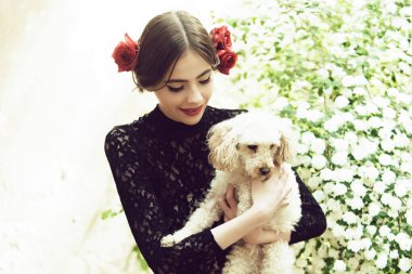 İspanyol makyajlı, saçları gül rengi yavru köpek tutan bir kadın..