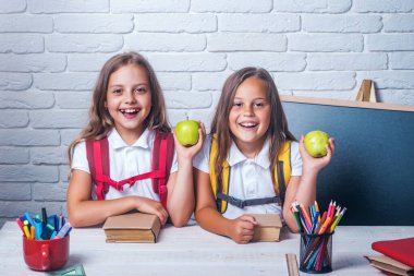 Okula ve evde eğitim görmeye. Bilgi gününde sınıftaki küçük kız kardeşlerin arkadaşlığı. Küçük kızlar öğle arasında elma yerler. Okul zamanı kızlar. Derste mutlu okul çocukları.