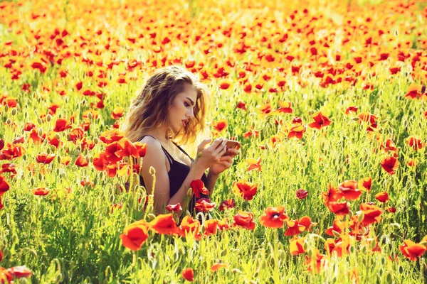 Beautiful teenager girl in blossom park. Woman in field of poppy making selfie photo. — Stock Photo, Image