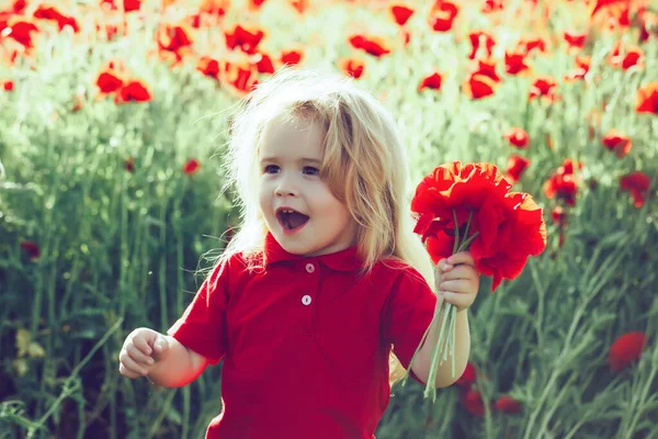 Vtipné vzrušené dítě drží mák kytice květiny v kvetoucí letní zahradě. — Stock fotografie