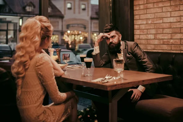 Bad date of couple, break up relations and love. Dislike makes conflict and divorce. Business meeting of man and woman. Couple with misunderstanding at restaurant. Married problem.