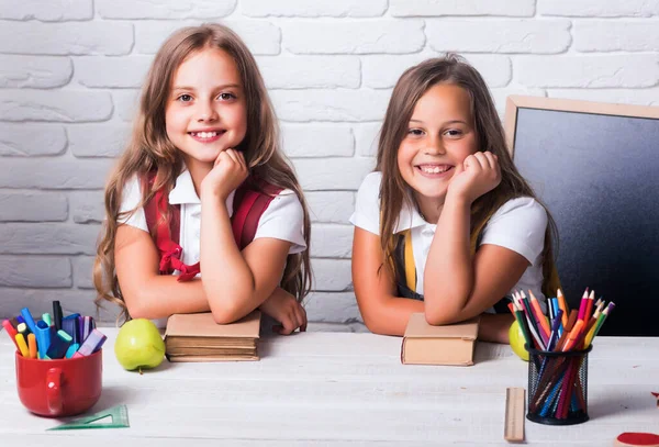 Okula ve evde eğitim görmeye. Derste mutlu okul çocukları. Bilgi gününde sınıftaki küçük kız kardeşlerin arkadaşlığı. Okul zamanı kızlar..
