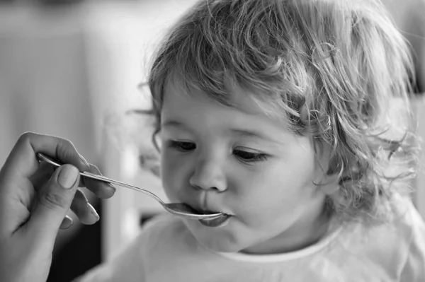 Niño alimentado con cuchara. Lindo niño desayunando en casa. —  Fotos de Stock