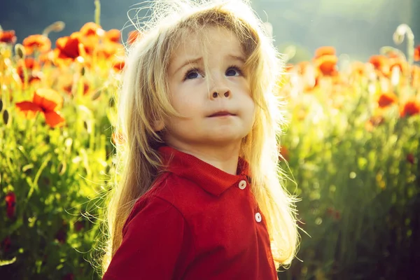 Söt barn med lång blond i vår blomma fält vallmo. Barndom och lycka. Barnens känslor. Lustigt ansikte av en liten pojke. Intressant liv. — Stockfoto