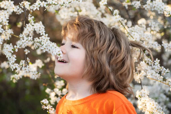 Criança na árvore florescente no parque de primavera. Rapaz sorridente ao ar livre. Jardim da flor. — Fotografia de Stock