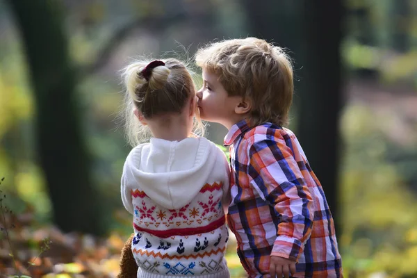 小さな男の子は秋の森の中で小さな女の子の友人にキス。兄は森の中で愛と妹にキス。バレンタインデーのコンセプト。子供時代の友情と素敵な子供たち. — ストック写真