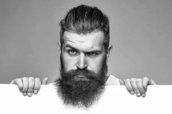 Bello uomo barbuto con lunga barba lussureggiante e baffi su con foglio di carta bianca in studio su sfondo grigio, spazio copia. — Foto Stock