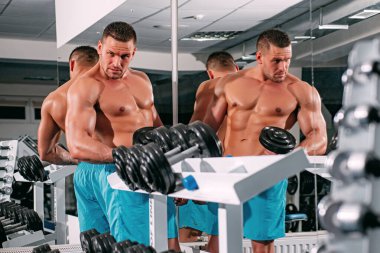 Dambıllar. Jimnastik. Güçlü atletik vücut. Sporcu eğitimi. Çıplak gövdeli, sportif bir erkek..