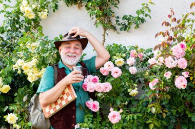 Kıdemli adam bahçesinde dinleniyor. Bahçıvan bahçedeki işinden zevk alıyor..