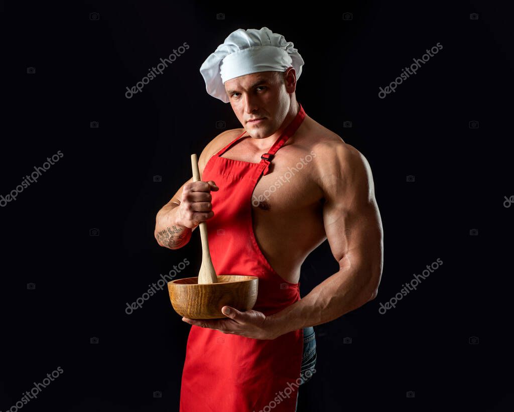 Hombre En El Chef Sombrero Delantal Flex Mano Músculos Con Pimienta Foto de  archivo - Imagen de muscular, masculino: 200836602