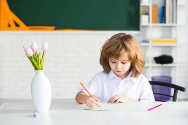 Okul çocuğu ödevini yapıyor. Okul çocuğu yeşil karatahtaya karşı. Okul için hazırlanıyor..