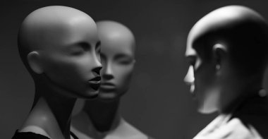 Manken ya da manken kafası. Grup mankeni ya da insanları taklit eden manken. İnsan konsepti. Teknoloji robotları grubu.