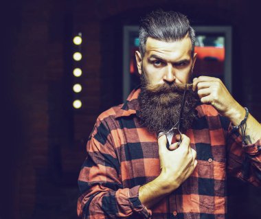 Uzun sakallı yakışıklı sakallı hippi. Sakallı adam, sakallı erkek. Şık erkek sakalı portresi. Berber makası ve ustura, berber dükkanı. Klasik berber, tıraş.