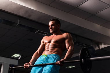 Spor salonunda güçlü bir vücut geliştirici. Antrenman ve idman. Antrenman egzersizleri. Çıplak gövdeli ve atletik vücutlu seksi sporcu..