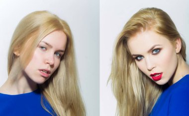 Güzellik Kozmetikleri makyaj sonrası ve öncesi. Temiz ciltli, güzel genç bir kadın..