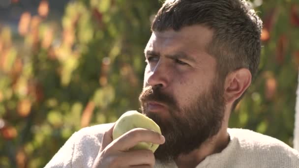 Een man die appel eet in een zonnige boomgaard. Gezond voedsel concept. Happy Farmer in achtertuin, boerderij of tuin eet fruit. — Stockvideo