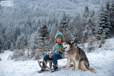 Küçük çocuk köpeğe sarılıyor ve karda eğleniyor. Kış gezgini çocuk.