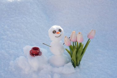 Kahve fincanı ve çiçeklerle bahar kardan adamı. Güle güle kış havası.